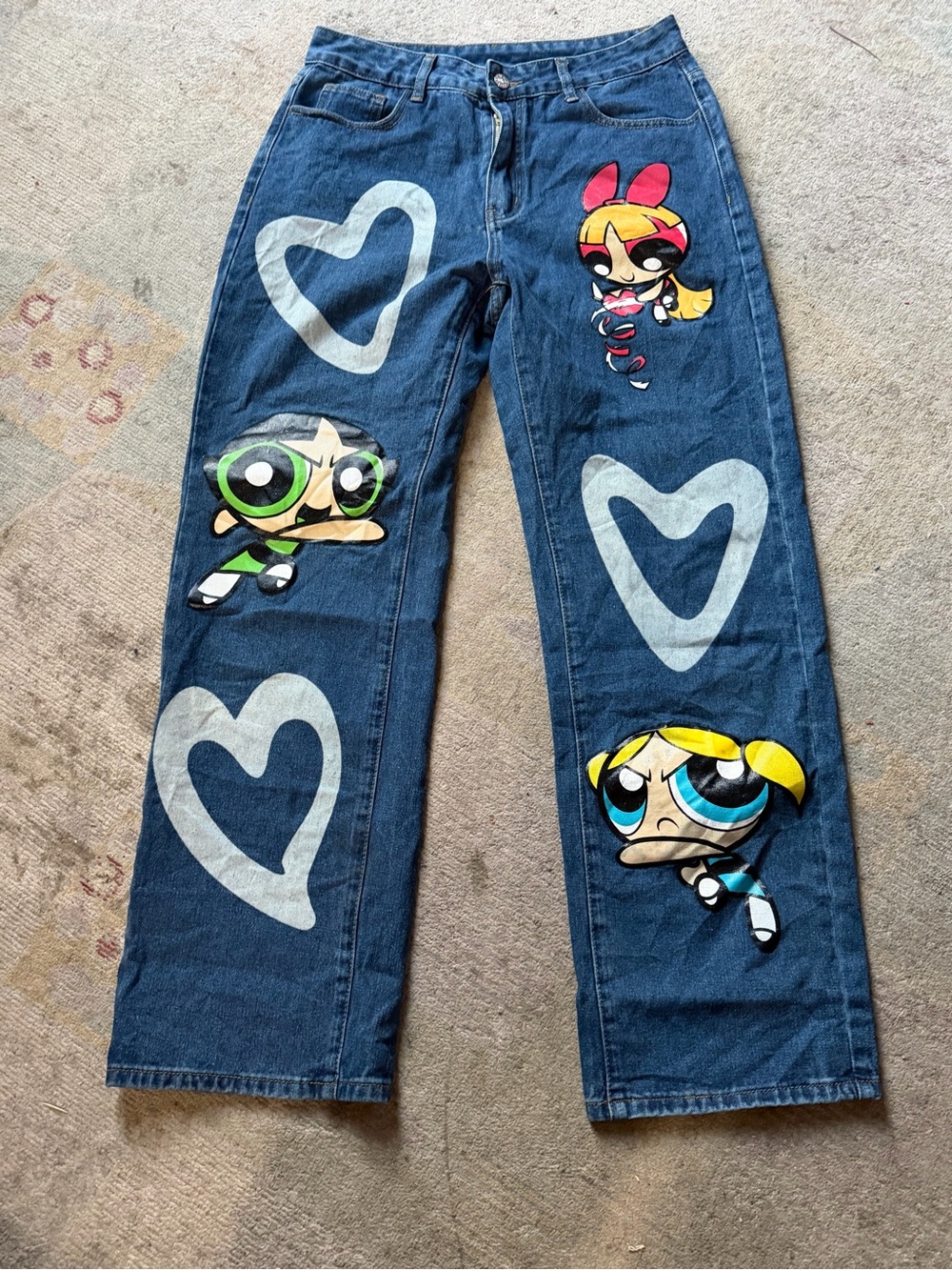The Powerpuff Girls ROMWE Heart & Cartoon Graphic Straight Leg Jeans - Picture 1 of 5